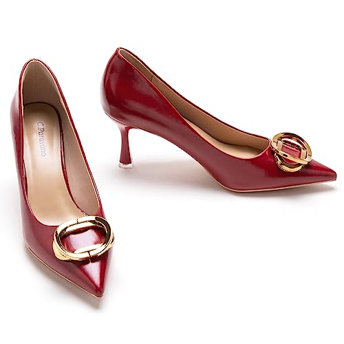 C.Paravano Women's Metal Buckle Stiletto Pumps-Professional Business Meeting Shoes with Metal Accents&Chic Pointed Toe Design,All-Day Comfort Heels for Office Workdays 7.5 Red E2