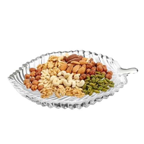 Image of Crystal Clear Glass Leaf-Shaped Serving Dish Platter Set of 1, Decorative Nut, Candy, Snack, & Dry Fruit, Sweets Tray, Elegant Centerpiece for Parties, Dining Table, and Home Decor