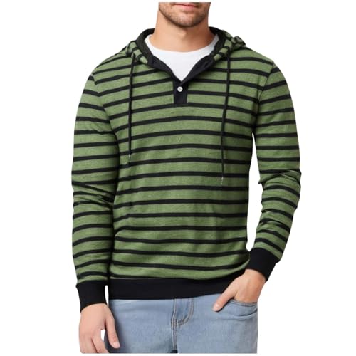Men's Striped Long Sleeve Hoodie Henley V Neck Casual Fashion Hip Hop Tee Top Quarter Button Hooded Henley Shirts