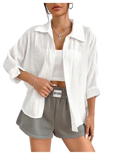 SHENHE Women's Summer 3/4 Sleeve Open Front Loose Fit Kimono Shirt Dolman Top Blouse White Petite-XS