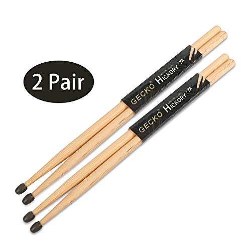 GECKO Drum Sticks 5A 2 Pair, Water Tip Drumsticks Hickory Wood Drum Sticks Musical Instrument Percussion Accessories (5A)