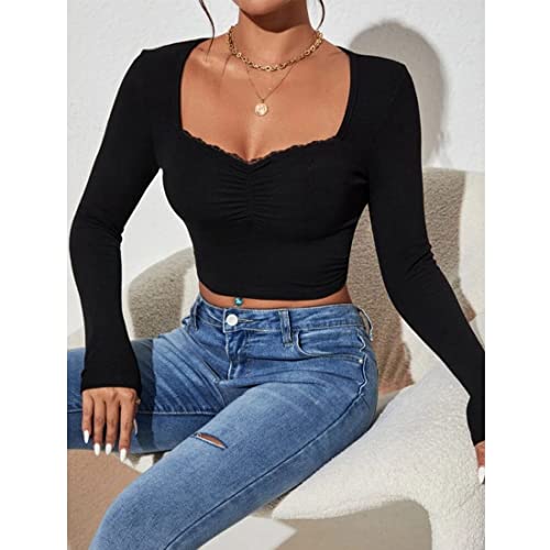 Image of GLARE & BLAIR Sweetheart Neck Lace Trim Long Sleeve Regular Fit Ribbed Tops for Women