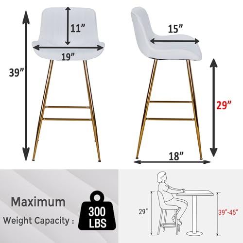 Image of Sidanli Velvet Bar Stools with Gold Legs, Set of 2 Counter Height Stools for Kitchen Island, 29 Inch Modern Barstools with Swivel Leveling Feet, White