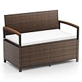 Tangkula 46 Gallon Outdoor Bench with Storage, Outdoor PE Rattan Storage Bench with Cushion, Backrest & Acacia Wood Armrests, Metal Frame, Waterproof Deck Box Seat for Porch Backyard Poolside
