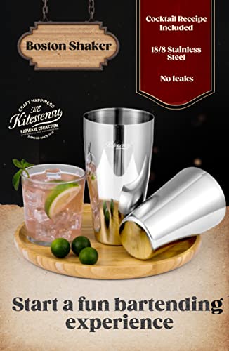 Kitessensu Cocktail Shaker Set, 2-Piece Boston Shaker Set For Drink Mixing, Premium 18/8 Stainless Steel Martini Shaker For Bartending And Home Bar - 18Oz & 28Oz, Recipes Booklet Included, Silver #TOP2
