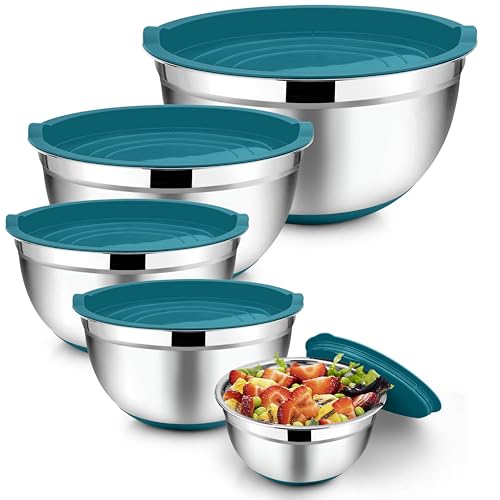 TeamFar Mixing Bowls with Lids Set, 7/3.5/2.5/1.5/1 QT, Stainless Steel Large Metal Nesting Salad Bowl Set of 5, Healthy & Sturdy, Non-slip Bottom & Airtight Lid-Blue