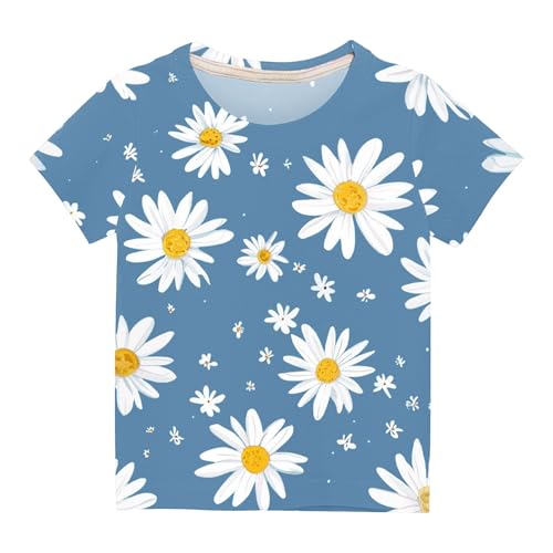 Kids Girls 2025 Fashion Summer T Shirts Crewneck Short Sleeve Blouse Daisy Floral Print Summer Tee Shirts3