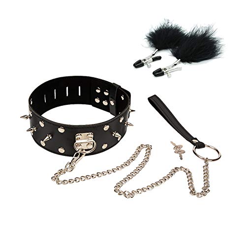 Collier En Cuir Noir Rivet Et COU Collier Ras Du Leash COU AVEC Clips Réglable + Plumes Chaîne Détachable Cover