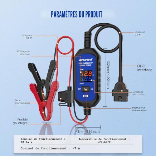MRCARTOOL OBDII Bloc d'alimentation d'urgence pour protéger l'unité de contrôle du véhicule (ECU), indication de tension et ampérage, protection multiple, convient pour remplacer les batteries de – vue 9