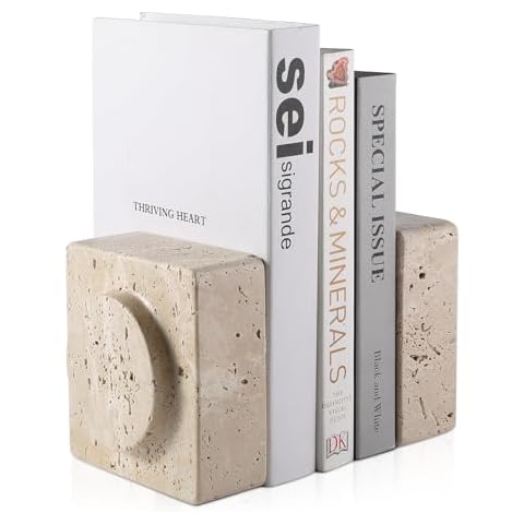 Koville Marble Square Book Ends, Heavy Duty Book Holders, Bookends for Shelves, Office Bookshelf Decor for CDs/Video Games(Travertino Romano) Cover