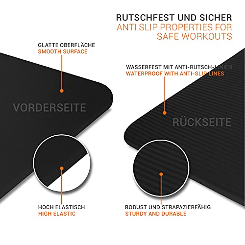 Foto von Yogamatte Gymnastikmatte Fitnessmatte | rutschfest, gelenkschonend | NBR Schaumstoff 185 x 61 x 1,5 cm mit Tragegurt (Schwarz)