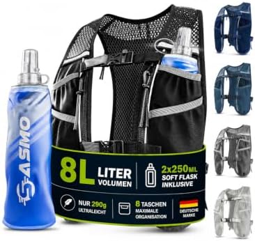 SASMO Laufweste Damen & Herren mit Trinkflasche, 270g Ultraleicht | Trinkweste Laufen, Laufrucksack, Trinkrucksack, 8 Taschen, 2L Trinkblase kompatibel, Atmungsaktiv, Joggen Wander