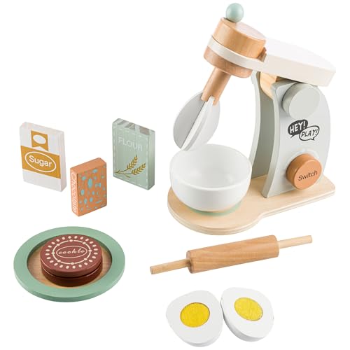 Wooden Toy Mixer for Kids Kitchen Playset - 9-Piece Toddler Cooking Set with Stand Mixer, Play Food, and Pretend Play Kitchen Accessories - Educational Kids Toys for Ages 3 and Up by Hey Play