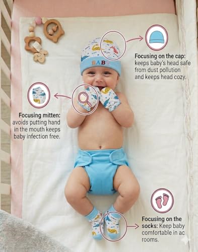 Image of First Kick Baby Mitten Booty Cap Set - 3 Sets (Multicolour) Mittens for New Born Baby 0-3 Months| Useful Baby Shower Gift | Pocket-Friendly | Infant Apron | Soft New Born Cotton