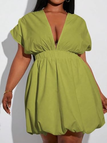 Image of WDIRARA Women's Plus Size Deep V Neck Bubble Dress Short Sleeve A Line Mini Dresses