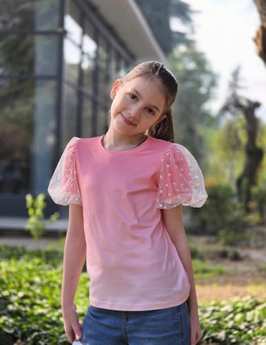 Image of Arshiner Girls Shirts Mesh Puff Short Sleeves Blouse Crewneck Cute Print Summer Kids Tee Tops