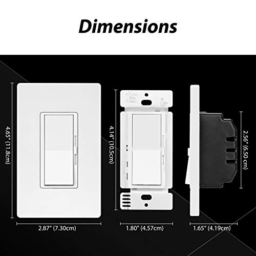 10 Pack - ELECTECK Single Pole/3 Way Dimmer Light Switch for Dimmable LED/Halogen/Incandescent Bulbs, Universal Lighting Control, Screwless Wallplate, UL Listed, White - Thumbnail 5