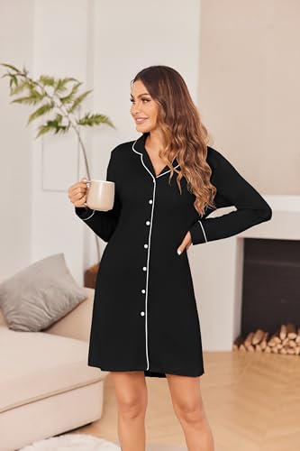Ekouaer Women's Nightgown Long Sleeve Nightshirt Button Down Sleepshirt Boyfriend Sleepwear Pajama Dress S-XXL2