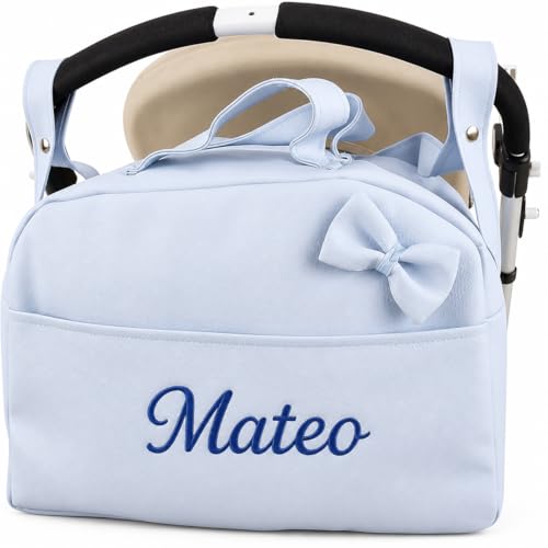 Danielstore Bolso Bebe Carro Bebé Personalizado con nombre bordado Bolsa Maternidad Bolso Hospital con Asa Colgar al Hombro Con asas para colgar al Carro Bolso Organizador con gran Capacidad (Azul)