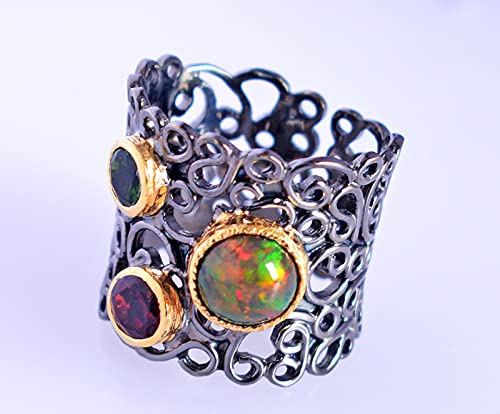 Bague en argent sterling massif avec pierre d'opale noire naturelle de style bohème chic