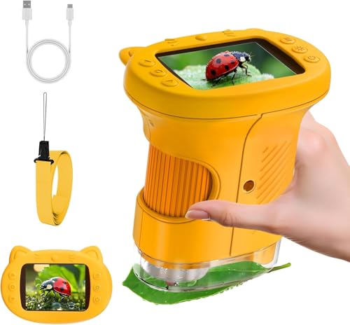 Microscopio Bambini, 1000X Microscopio Digitale Portatile per Bambini Schermo 4K 2,0' con 8 luci LED Regolabili, Giocattolo Educativo per Casa e Esterni, Regalo di Natale di compleanno per 4-12 Anni