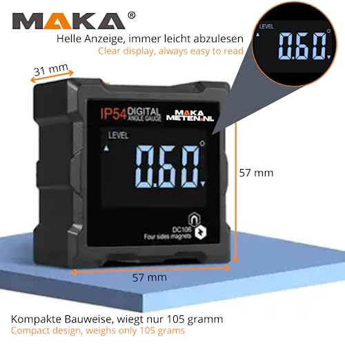 MAKA Digitale Neigungsmesser - Genauigkeit von 0,1° bis 0,2° - Magneten auf allen Seiten - Helles LCD-Display - 4x90° Neigungsmesser - Winkelmesser