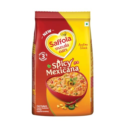Image of Saffola Masala Oats Spicy Mexicana, 400g | Spicy Flavoured Rolled Oats with High Fibre, Yummy Anytime Snack