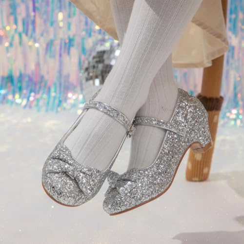 KIDSUN Toddler Little Girls Dress Shoes Heel Mary Jane Bow Flower Wedding Party Shoes Glitter Princess Shoes Flats (Toddler/Little Kid)4
