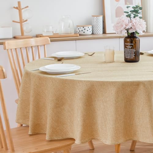 SPRICA Round Tablecloth 160cm Diameter Water Resistance Linen Texture Spill Proof Wipeable Table Cover Solid Colour Circle Cover, Wheat - Image 4