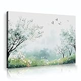 春の花と鳥の絵画キャンバスウォールアート咲く木と牧草地の花の装飾プリントポスター寝室ダイニングオフィス50x70cmインナーフレーム