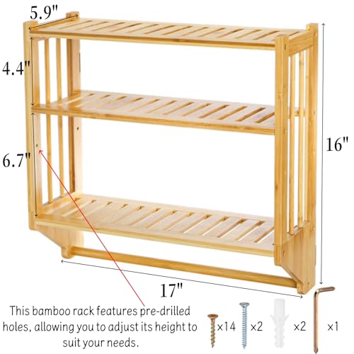 Image of Goaste Bamboo Over The Toilet Storage Shelf, 3-Tier Wall Mounted Bamboo Rack Organizer, Floating Rack with Hanging Rod, Free Standing Shower Shelf with Adjustable Layer for Kitchen, Bathroom, Home