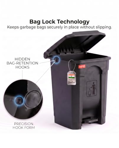 Image of pedal dustbin with lid, heavy duty plastic garbage bin, hands-free step-on waste bin for kitchen, office, home, hotel, bathroom & outdoor use (Jet Black, 65 Liters)