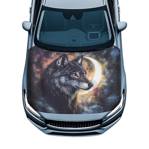 Image of Car Hood Cover Protector,Wear-Resistant Print Hood Covers for Cars,Universal Accessories for Decoration Black Wolf Moon Print Design