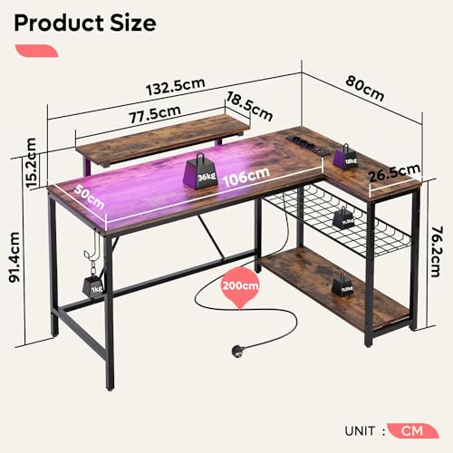 Bestier L-Shaped Corner Desk with Sockets and LED Lighting, Reversible Computer Table with Shelves and Hooks, Compact Desk for Home Office (Wood Grain Brown, 52 inches) - Afbeelding 4