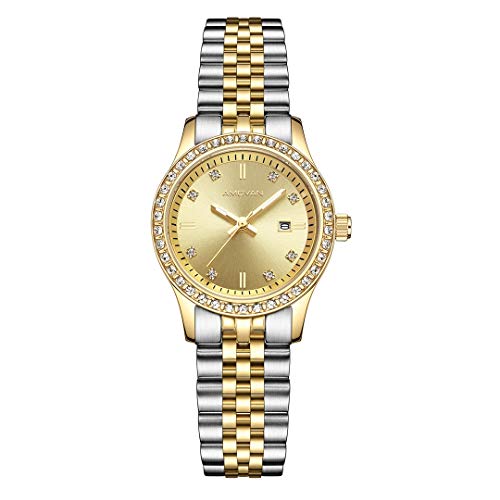 AMOVAN Women's Luxury Watch Two Tone Stainless Steel Bracelet Austrian Crystals Quartz Watches for Ladies (Gold)