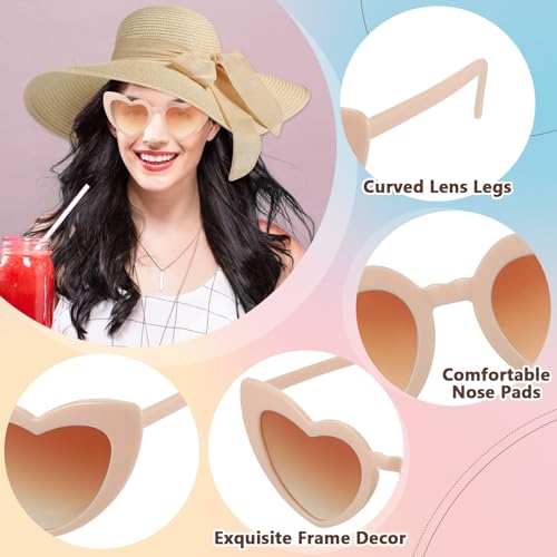 Jeyiour 12 Pcs Women Floppy Summer Hat Wide Brim with Heart Shape Glasses Big Bowknot Straw Hat Sun Hats Heart Sunglasses4