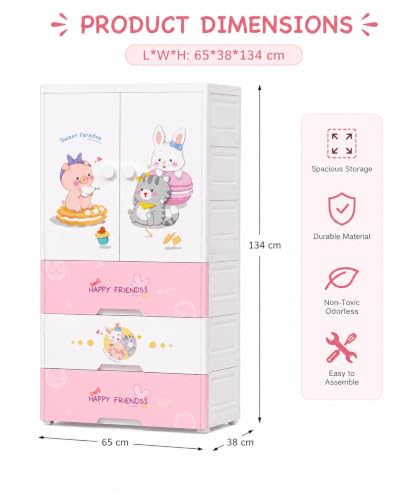 Image of YASONIC Plastic Wardrobe for Kids Clothes - Durable, Easy to Use Anti-Skid & Non-Slip Effective Professional Collapsible Wardrobe, Plastic Cupboard for Kids, Foldable Almirah (Pink, 1+3 Tier)