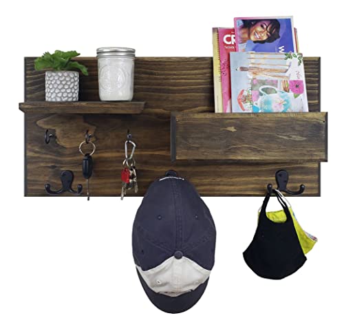 Hamilton Elite Wall Mounted Organizer Features 3 Double Coat Hooks, 3 Key Hooks, Display Shelf Along With A Mail Holder. Available In 20 Stains : Shown In Dark Walnut #TOP4