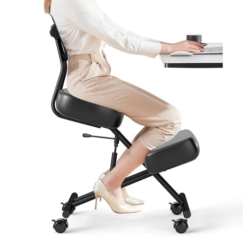 GIANTEX Silla Ergonómica de Rodillas con Respaldo, 4 Ruedas Bloqueables y Apoyo para Rodillas, Silla de Trabajo con Asiento Ajustable para Corregir la Postura, Carga hasta 110 kg