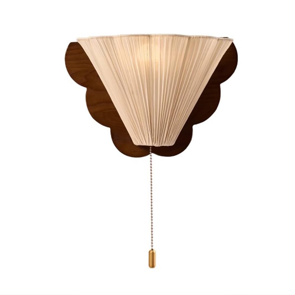 LED Wall Sconce Light Vintage Linen Fabric Hardwired Wood Base with Pull Chain Switch - E14 Socket, Indoor ing Mount Lamps for Bedroom Living Room Hallway Decor