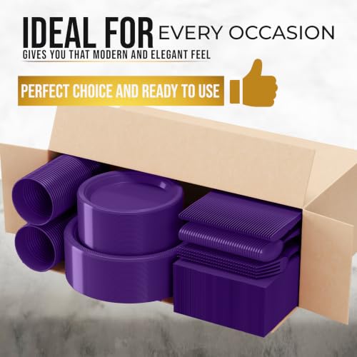 Image of Exquisite 350 Pcs Purple Plates and Napkins Party Supplies Plate Sets | Sturdy Plastic Dinnerware Set With 9 inch & 7 inch Plates, 12 Oz Cups, Lunch Napkins and Cutlery Serves 50 for Birthdays & Everyday