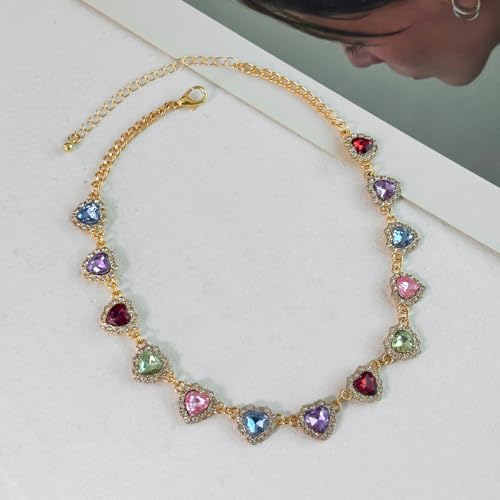 Colorful Hearts Chain Necklace for Women,Dainty Multiple Cubic Zirconia Love Hearts Chain Choker for Woman Jewelry Gifts,Trendy Vintage Boho Necklaces3