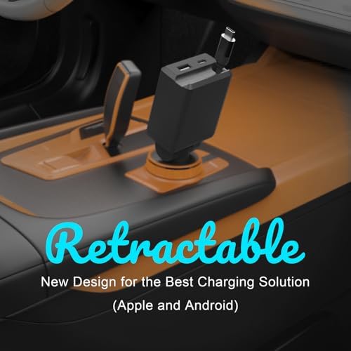Retractable Car Charger, Total 75W Fast Charger 3 in 1 USB C Car Adapter, Retarctable Type C Cables (30 inch) and 2 USB Ports, Compatible with iPhone 16/15 Series, iPad, Galaxy, Pixel, Laptop and More - 1