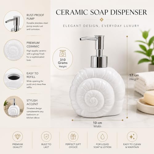 Image of Whizzo Ceramic Shell Shaped Liquid Soap Dispenser with Chrome Pump | Elegant Bathroom & Kitchen Accessory | White Glossy Finish | Refillable Handwash Lotion Bottle (420ML, LD-212, Design3)