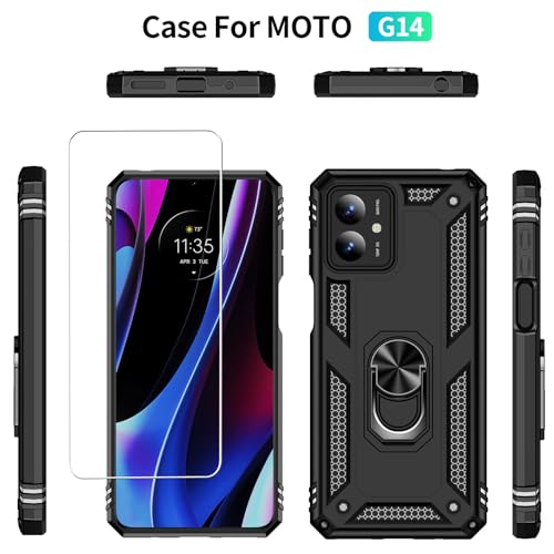 Image of for Motorola Moto G14 Case with [2 Pack] Tempered Glass Screen Protector, for Moto G14 Case Heavy Duty Armor [Military-Grade] Protective，with Magnetic Stand Cover Black