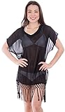 Simplicity Women's Swimwear Knit Crochet Fringed Cover-Up Beach Dress, Black