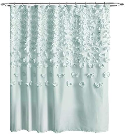 Lush Decor Lucia Shower Curtain - Fabric, Ruched, Floral, Textured Vintage Chic, Farmhouse Style Design, 72 x 72, Blue