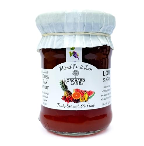 Image of Orchard Lane Healthy MIXED FRUIT Jam | Filled with Fresh Fruit- for healthy families- kids, breakfast, gym goers, only 10 calories per serving- Non Fattening jam | without chemicals, preservatives or artificial sugars- 120 gm Glass bottle | guarantee in case of breakage
