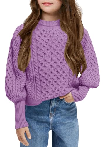 Image of rrhss Girls Cable Knit Sweaters Kids Fall Fashion Puff Sleeve Ribbed Cuffs Crewneck Clothes 5-14 Years