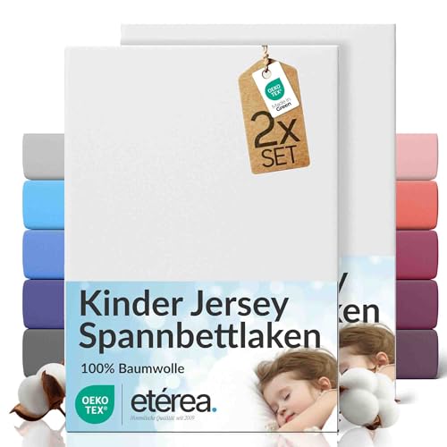 etérea Jersey 2er Set Spannbettlaken 80x160cm - 80x180cm Weiss bis 20 cm Höhe - 100% Baumwolle Spannbetttuch Oekotex - Kinder Doppelpack Bettlaken 80x160 cm - 80x180 cm - White